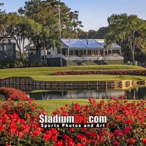May include: A green golf course with a pond and a white building in the background. The pond is surrounded by red flowers. The text 