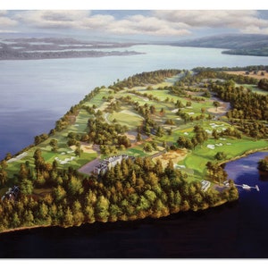 May include: An aerial view of a golf course on a peninsula surrounded by water. The course is green and lush, with trees and sand traps. There is a small island in the water to the right of the course.