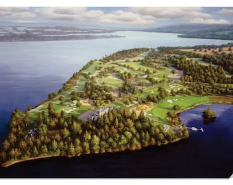 Loch Lomond Golf Club Scottish Course Golf Hole in Luss, Argyll & Bute Scotland lochlomond loch lowman Oil Painting Art Canvas Prints Aerial