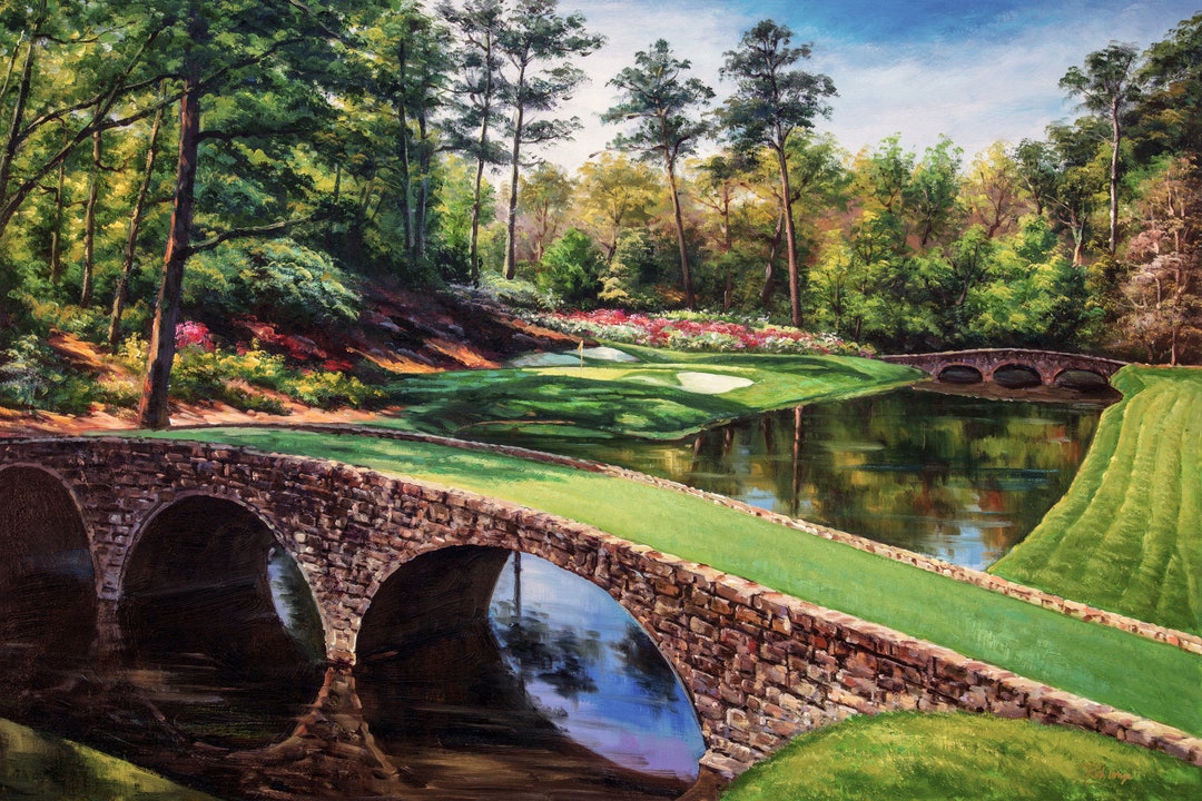 貴重 ゴルフ マスターズ Augusta 額付き絵画 アメリカ Augusta National Golf Club Hole 12 Golden Bell Amen Corner Oil