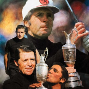 May include: An artistic rendering of a golfer in a white cap with a red emblem, holding a golf club and a trophy. Additional images show the golfer with the trophy and in a black turtleneck. The image has a painterly style.