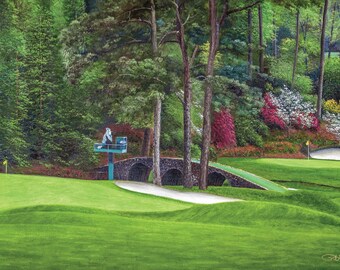 May include: A painting of a golf course with a stone bridge and a green putting green. The course is surrounded by lush green trees and bushes. There is a small building on the left side of the image.