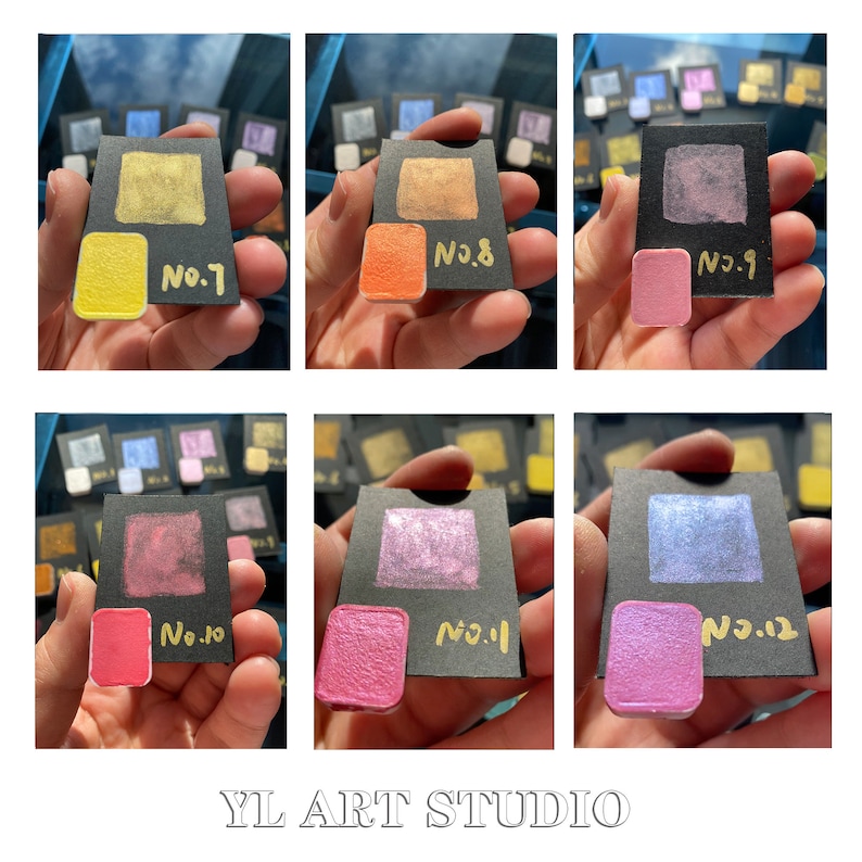 May include: Twelve small square samples of metallic paint in various colors, including gold, silver, pink, and blue. Each sample is labeled with a number from 1 to 12. The samples are arranged in two rows of six, and the text "YL ART STUDIO" is printed below the samples.