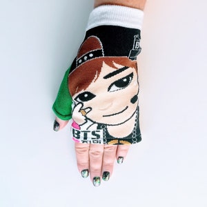 BTS Jimin Fingerless Mittens upcycled from licensed Korean socks
