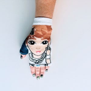 BTS Jin Fingerless Mittens upcycled from licensed Korean socks