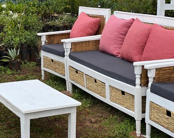 6-Sitzer- und Tisch-Gartensofa aus Holz, modernes Gartenpartio, Luxussitze von bester Qualität, Outdoor-Sofa