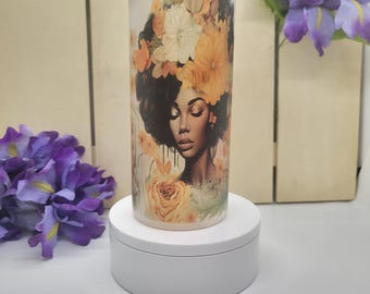 Vaso de vidrio Floral Afro Queen con tapa de bambú