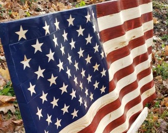 Hand carved wavy wooden American flag - Red