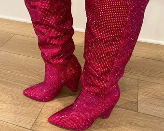 Women’s Hot Pink Rhinestone Embellished Pointy Over The Knee High Heel Sparkly Bling Cute Sexy Boots