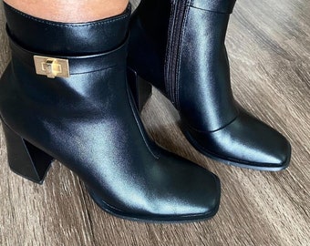 Black Faux Leather Classy Elegant Chunky Block High Heel Ankle Boots Booties