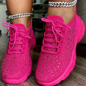 Hot Pink Rhinestone Embellished Summer Spring Womens Comfortable Casual Sparkly Cute Bling Fashion Comfy Sneakers, Birthday, Gender Reveal image 1