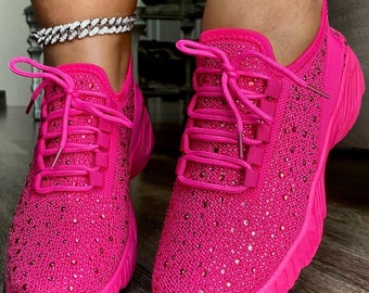 Hot Pink Rhinestone Embellished Summer Spring Women’s Comfortable Casual Sparkly Cute Bling Fashion Comfy Sneakers, Birthday, Gender Reveal