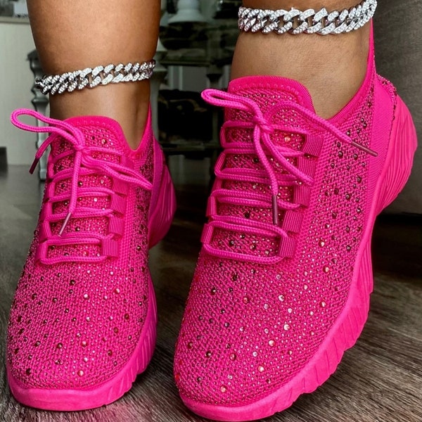 Hot Pink Rhinestone Embellished Summer Spring Women’s Comfortable Casual Sparkly Cute Bling Fashion Comfy Sneakers, Birthday, Gender Reveal