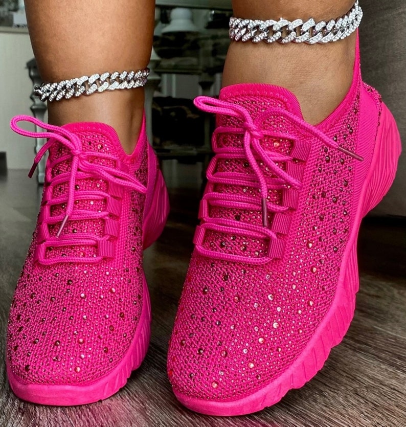 Hot Pink Rhinestone Embellished Summer Spring Womens Comfortable Casual Sparkly Cute Bling Fashion Comfy Sneakers, Birthday, Gender Reveal image 1