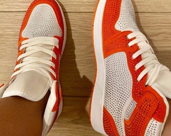 Women's Orange And White Rhinestone Bling Embellished Bling Sparkly Cute Summer Spring Casual Fashion Style Sneakers