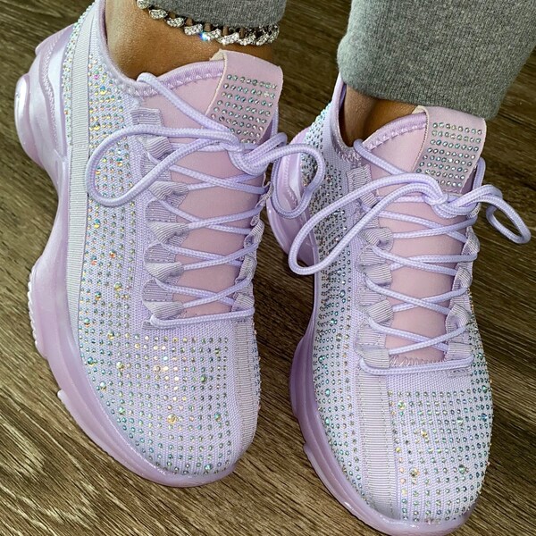 Lavender Rhinestone Embellished Women’s Summer Spring Comfortable Bling Cute Sparkly Bling Fashion Sneakers For Party, Birthday