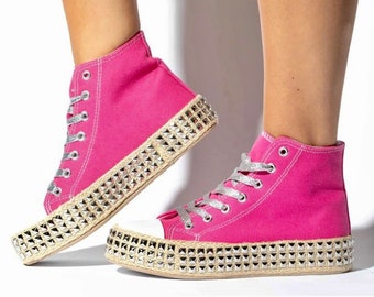 Hot Pink And Silver Embellished Studded High Top Glitter Lace Up Sneakers For Party, Gender Reveal, Baby Shower, Gifts For Her, Concert