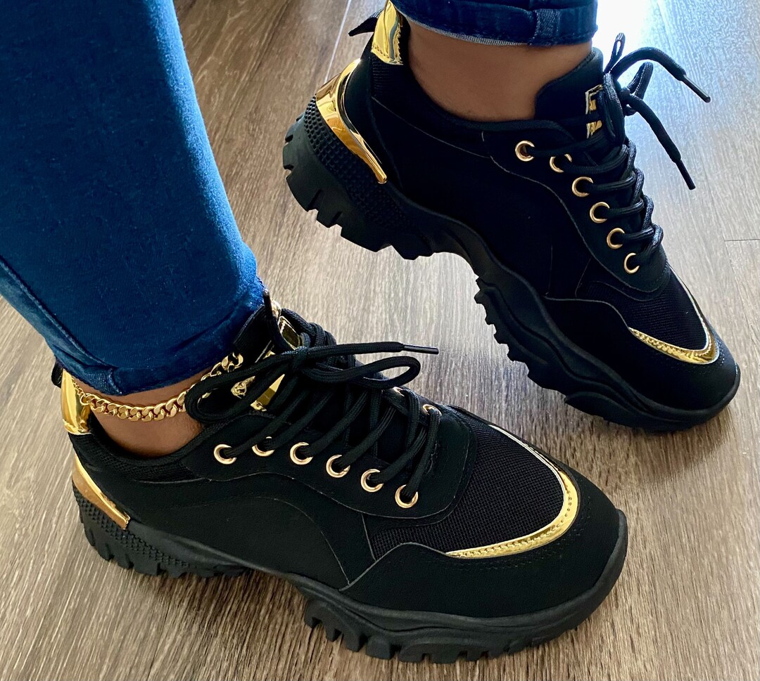 Womens Latest Fashion Black and Gold Chunky Heel Trendy Sneakers - Etsy