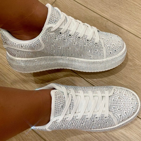 Women’s Rhinestone Embellished Platform Cute Summer Spring Bling Sparkly Sneakers