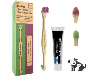 Dog Toothbrush Toothpaste Set for Small Dogs / Cats, Eco Friendly Bamboo Toothbrush & PETOSAN Poultry Flavour Toothpaste, Reduce Tartar