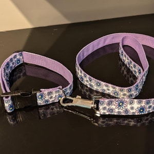 Purple Daisy Dog Collar and Leash Set – Adjustable Dog Collar with Matching Leash – Floral Dog Accessories - Small to Medium Dogs
