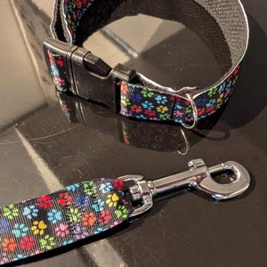 Paw Print Dog Collar and Leash Set– Adjustable Dog Collar with Matching Leash – Cute Dog Accessories - Handmade Pet Accessories