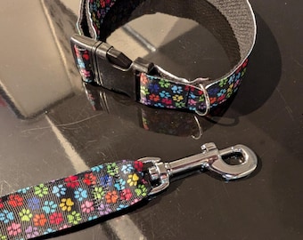 Handmade Paw Print Dog Collar & Leash Set: Black Cotton Webbing
