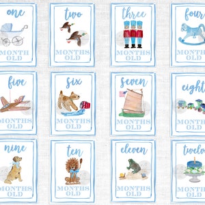 Boy Watercolor Milestone Cards Blue Border Month Milestone Milestone Cards Shower Gift Baby Boy Milestone Cards Monthly Cards image 2