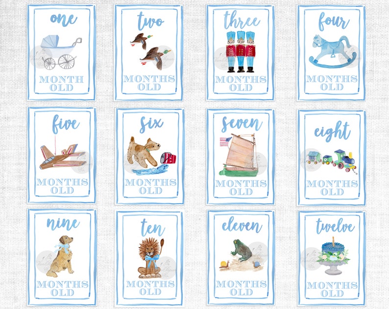 Boy Watercolor Milestone Cards Blue Border Month Milestone Milestone Cards Shower Gift Baby Boy Milestone Cards Monthly Cards image 2