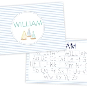 Placemat para niños / Placemat laminado / Placemat personalizado para niños / Placemat de letras de aprendizaje / Placemat de velero / Trazado de letras
