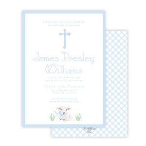 May include: A light blue baptism invitation with a white cross, the name "James Presley Williams", and a watercolor illustration of a lamb. The invitation includes the date, time, and location of the baptism ceremony, as well as the reception details.