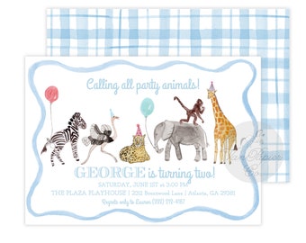 Party Animals Birthday Invitation | Party Animals | Boys Birthday Invitation | Blue Plaid Invitation | Preppy Boys Birthday