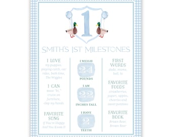 May include: A blue and white gingham background with a white shield featuring the number one. The shield is surrounded by two watercolor ducks. The text "Smith's 1st Milestones" is at the top of the poster. The poster lists milestones for a baby's first year, including weight, height, favorite foods, and favorite songs.