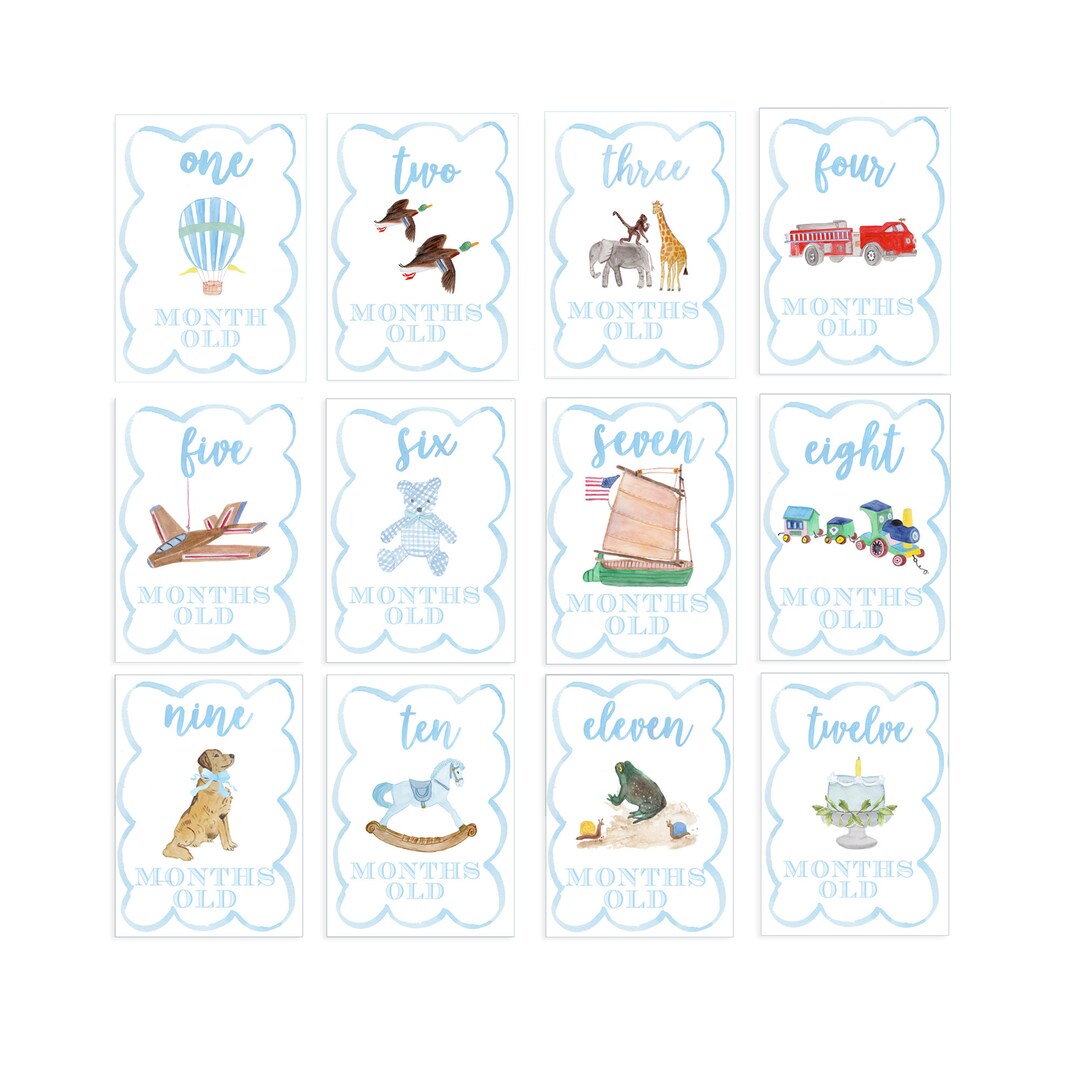 Boy Watercolor Milestone Cards - Scallop Border | Baby Boy Milestone ...