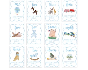 Boy Watercolor Milestone Cards - Scallop Border | Baby Boy Milestone Cards | Milestone Cards | Shower Gift | Watercolor Milestone Cards
