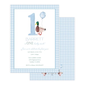 Acuarela UNA invitación del pato de la suerte / primer cumpleaños del pato / invitación del primer cumpleaños de los niños / 1 pato de la suerte / pato de la acuarela