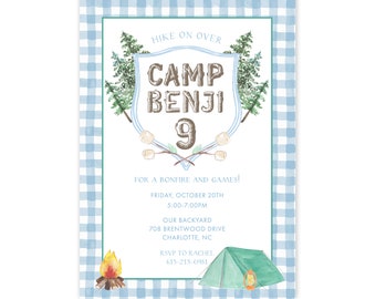 Watercolor Camp Birthday Invitation | Blue Camping | Camping Birthday Party | Camping Theme | Custom Printed Invitation