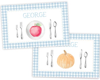 Blue Fall Kids Placemat | Laminated Placemat | Personalized Placemat for Kids | Apple | Pumpkin | Back to School Placemat