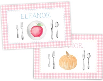 Pink Fall Kids Placemat | Laminated Placemat | Personalized Placemat for Kids | Apple | Pumpkin | Back to School Placemat