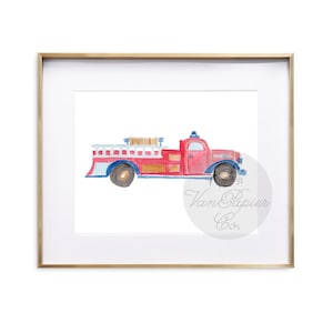 Lámina artística de camión de bomberos en acuarela / Decoración para habitación infantil / Regalo para baby shower / Camión de bomberos / Habitación infantil / Niño / Camión de bomberos antiguo