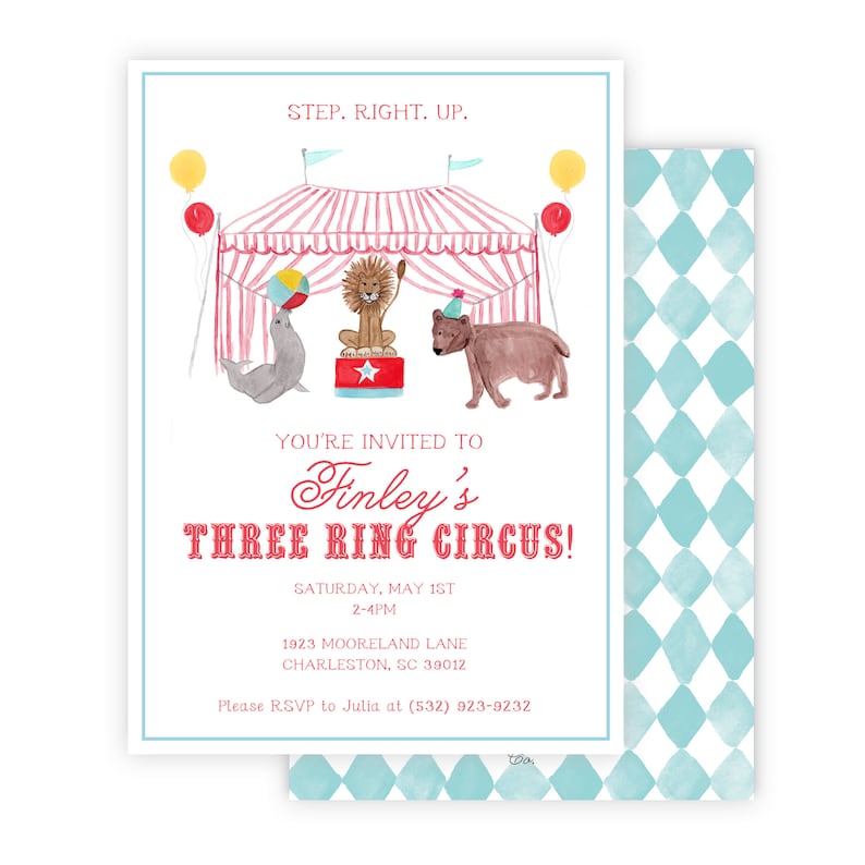 May include: A colorful invitation for a child's birthday party. The invitation features a red and white striped circus tent with a lion, a seal, and a bear. The text reads "You're invited to Finley's Three Ring Circus!" with the date, time, and location of the party.