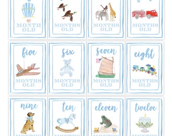 Boy Watercolor Milestone Cards - Blue Border | Month Milestone | Milestone Cards | Shower Gift | Baby Boy Milestone Cards | Monthly Cards