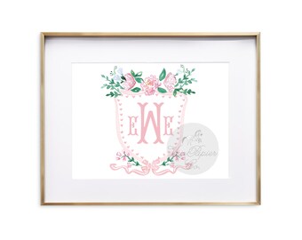 Watercolor Floral Crest Art Print | Girl | Floral | Sweet | Pastels | Painting | Nursery | Watercolor | Monogram | Custom Crest