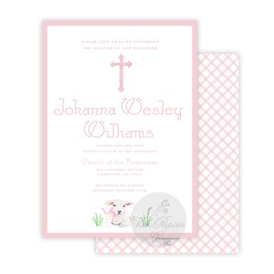 May include: Pink and white baptism invitation with a cross, a lamb holding a pink ribbon, and the text "Johanna Wesley Williams" and "Church of the Redeemer".