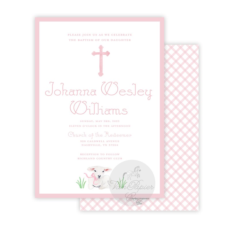 May include: Pink and white baptism invitation with a cross, a lamb holding a pink ribbon, and the text "Johanna Wesley Williams" and "Church of the Redeemer".
