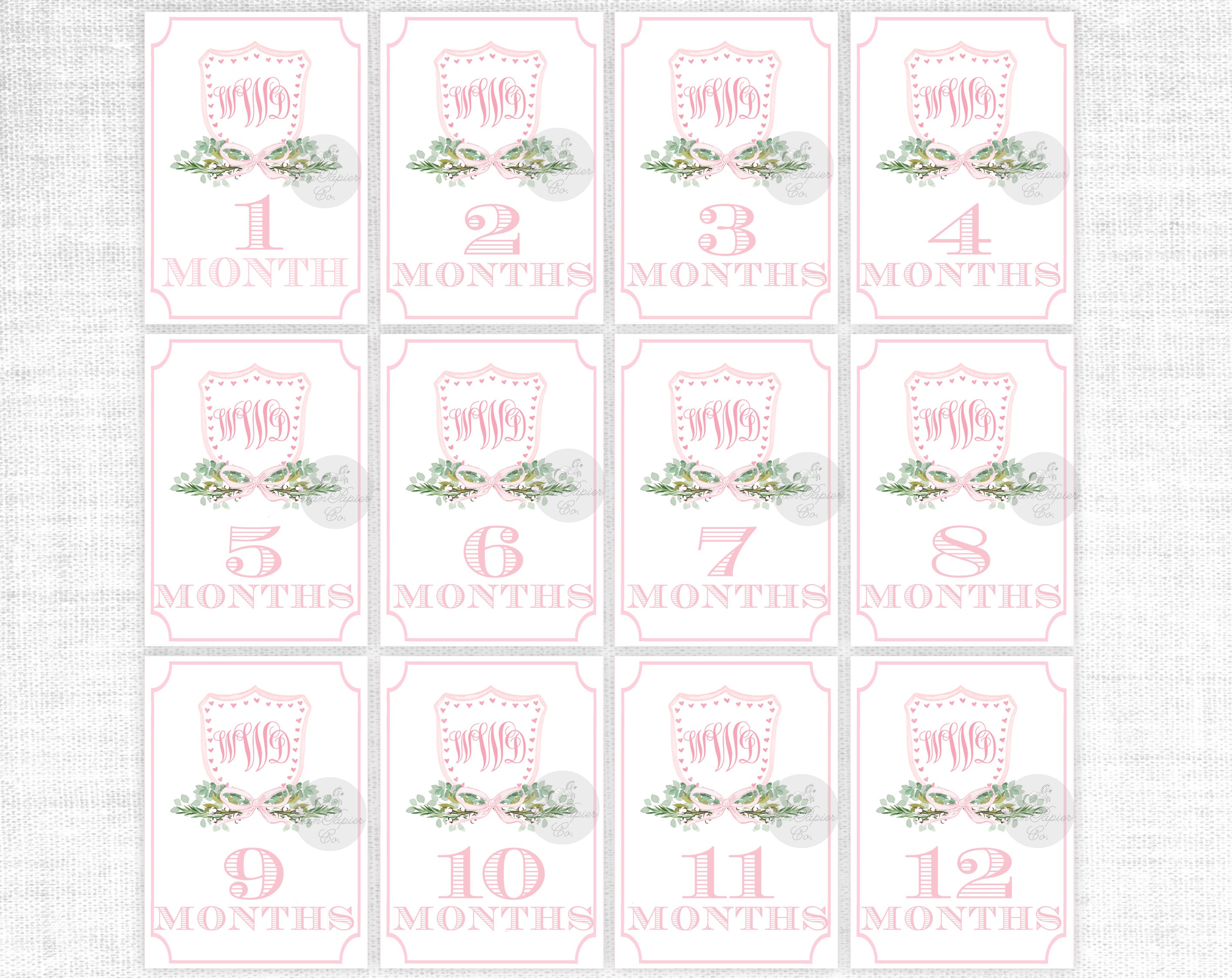 Girl's Watercolor Crest Monogram Milestone Cards | Monthly Cards | Baby ...