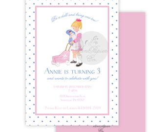 Watercolor Doll Birthday Invitation | Baby Doll Party | Girls Birthday Invitation | Dolly and Me Party | Be A Doll and Bring One Too