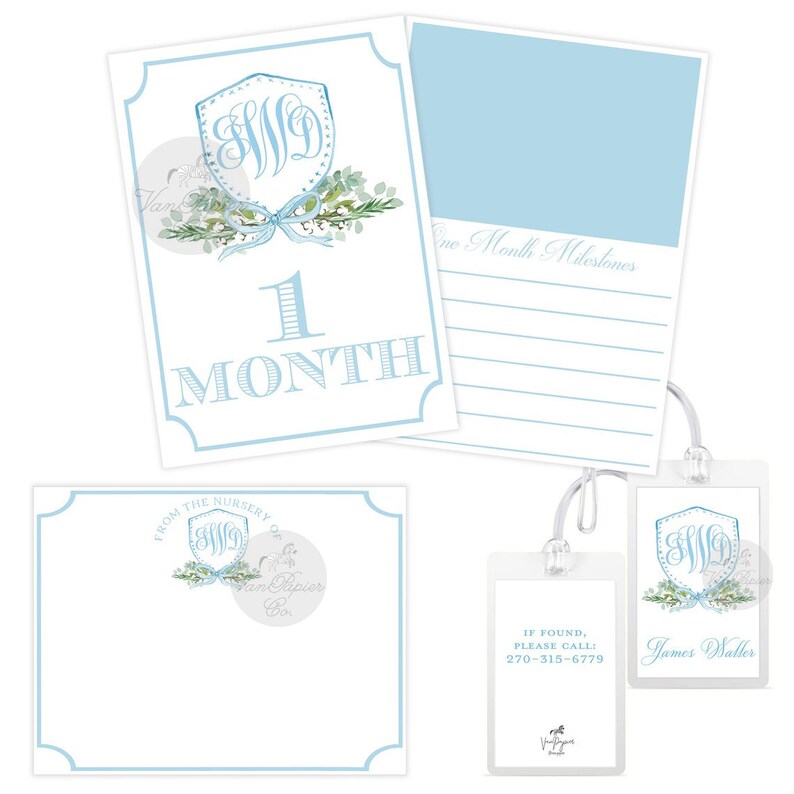Baby Boy Gift Set | Boys Watercolor Monogram Crest | Monthly Cards ...