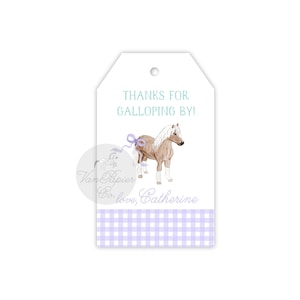Watercolor Pony Party Favor Tags | Girls Pony Party | Pony Crest | Girls Crest Invitation | Purple Gingham | Horse Party