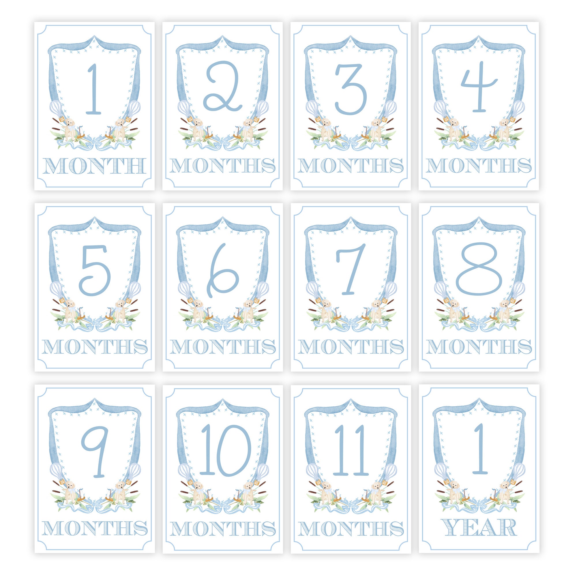 Boy's Watercolor Puppy Crest Milestone Set | Monthly Cards | Baby ...